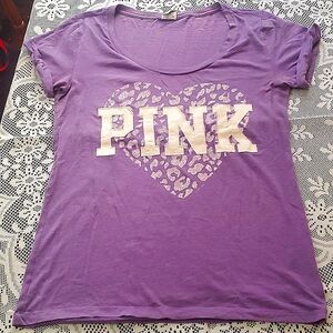 PINK, Purple Scoop Neck Short Sleeve T-Shirt, Size Large